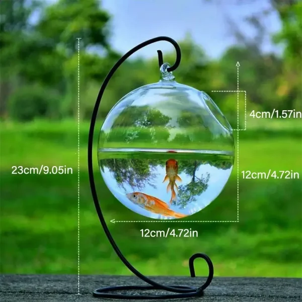Round/Rectangle Shape Hanging Glass Aquarium Fish Tank Fish Bowl Transparent Vase Ornament With Rack Holder Home Decoration 6