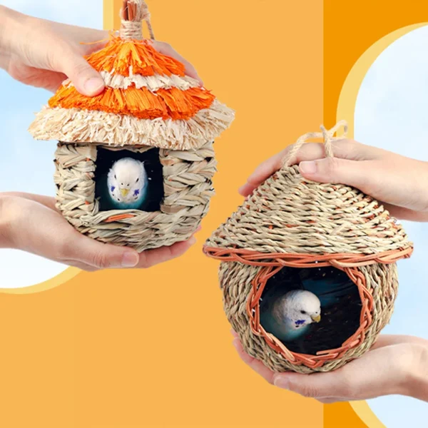 Bird Nest Hand-Woven Grass House For Small Parrot Canary Lovebird Parakeet Hatching Birds Hut Outdoor Hanging Chickadee House 2